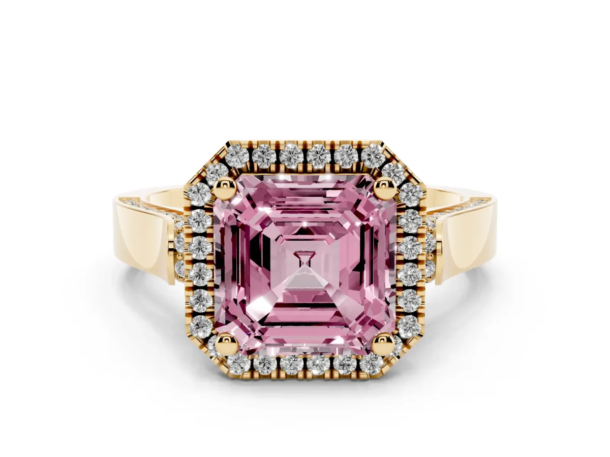 Fancy Pink Asscher Cut Halo Pave Split Shank Prong Setting Ring Yellow gold
