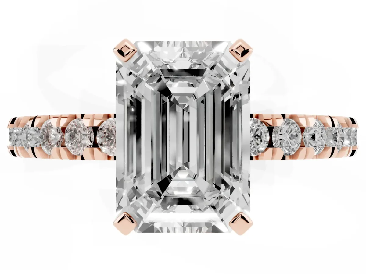 Emerald Cut Diamond Pavé Band Solitaire with Four-Prong Setting Rose gold