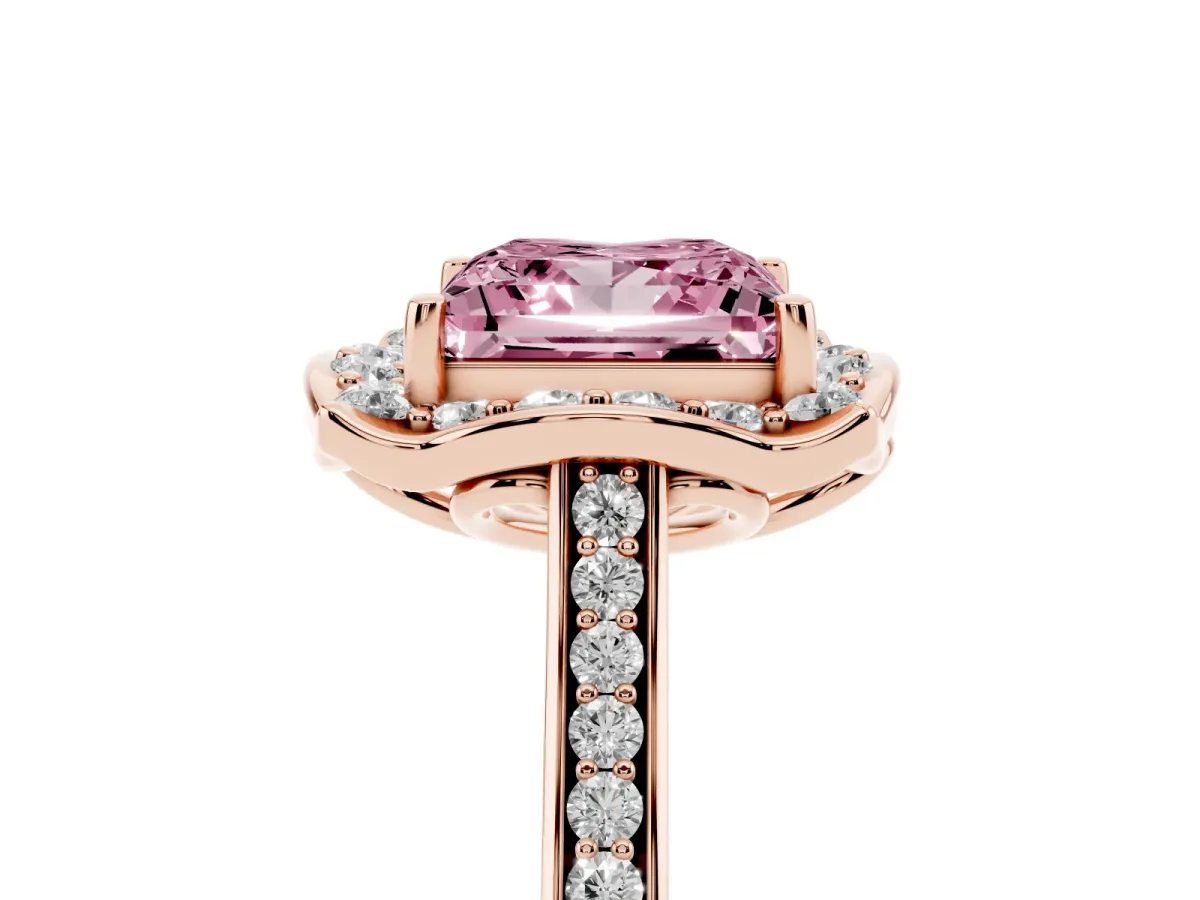 Fancy Pink Princess Cut Halo Round Diamond Pave Band with Four-Prong Setting Rose gold