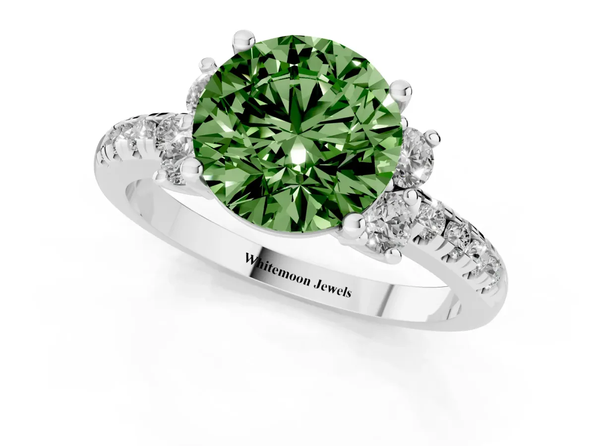 Fancy Green Round Cut Diamond Three-Stone Pave Band with Four-Prong Setting Silver