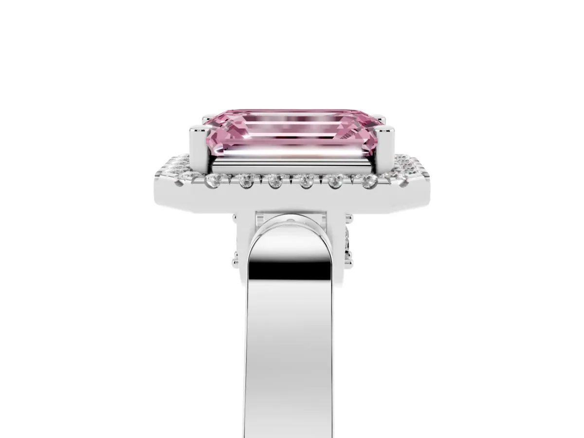 Fancy Pink Emerald Cut Halo Pave Split Shank Prong Setting Ring Silver