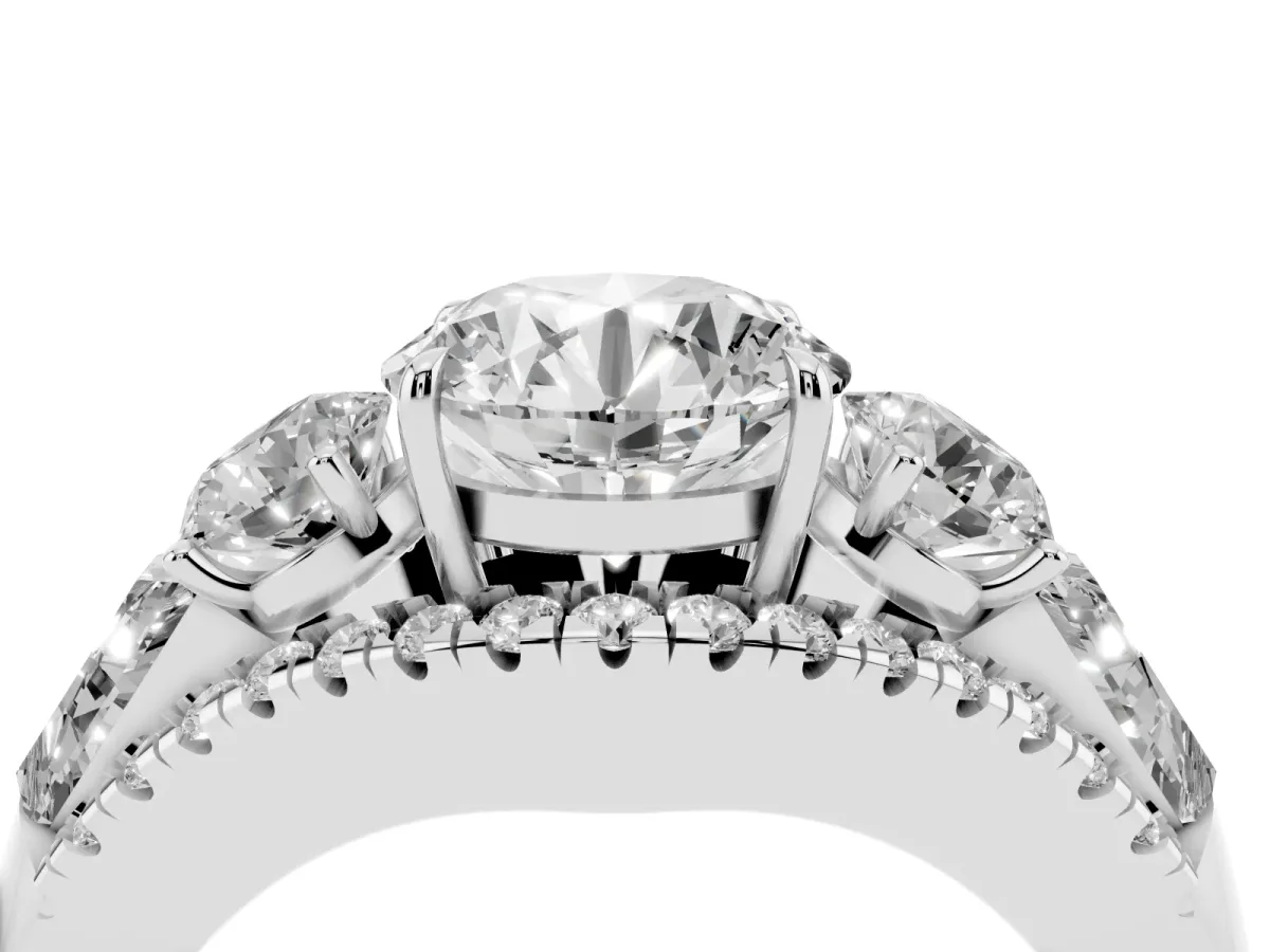 Three-Stone Round Cut Diamond Engagement Ring with Pave Band and Prong Setting Platinum