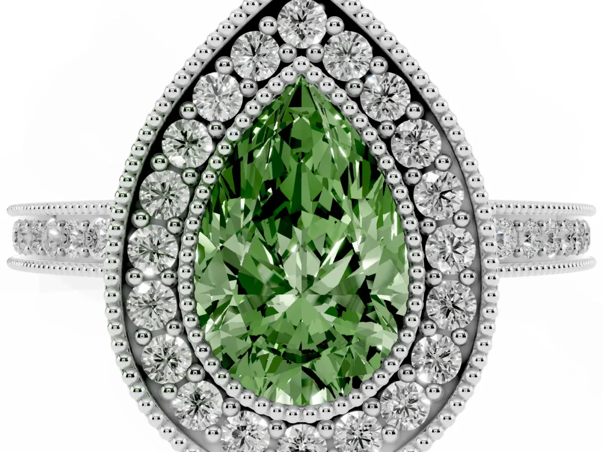 Fancy Green Pear Cut Cut Halo Diamond Ring with Pavé Band and Milgrain Prong Setting Platinum
