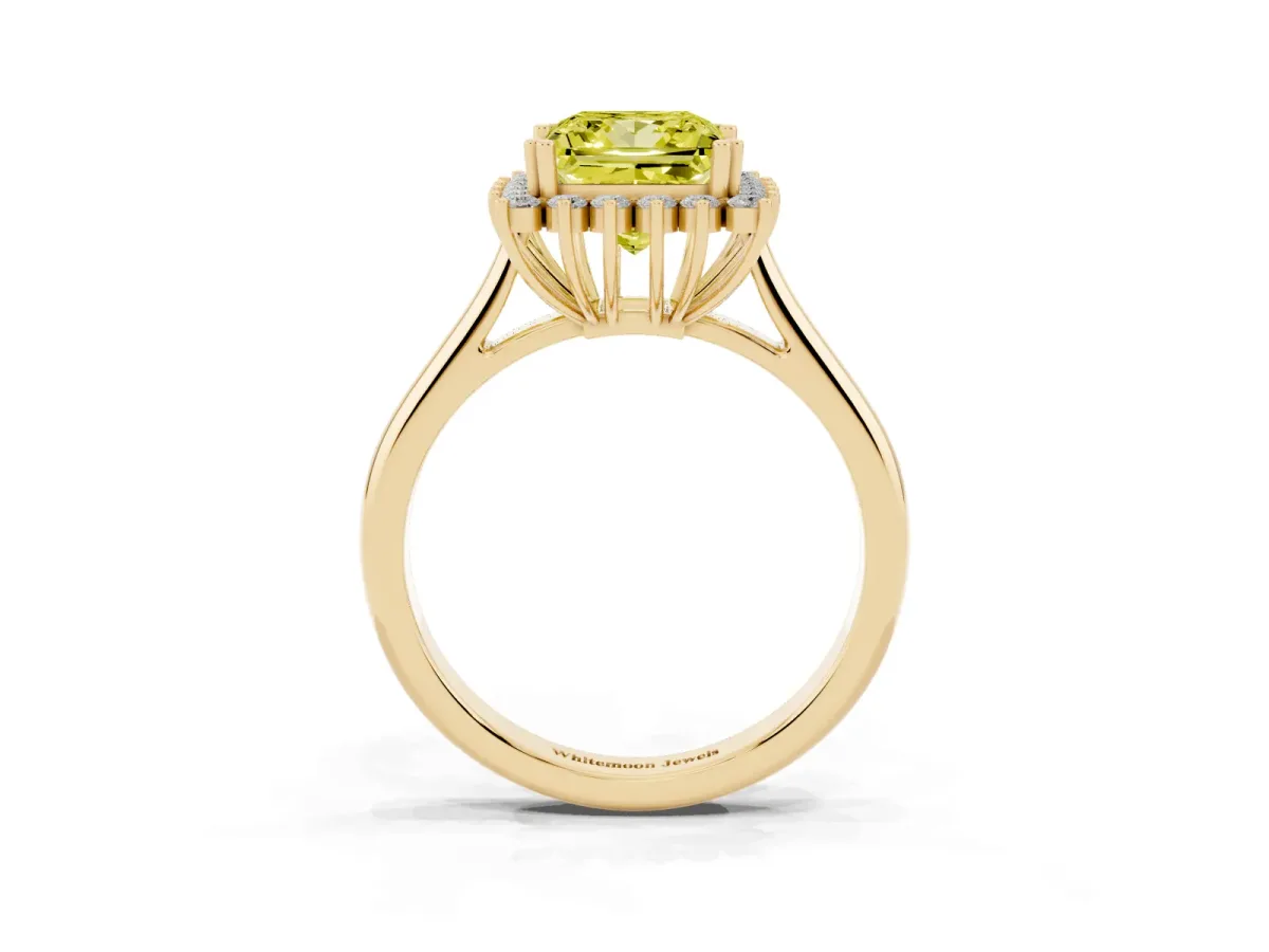 Fancy Yellow Princess Cut Cut Diamond Halo Ring with Solitaire Band and Prong Setting Yellow gold
