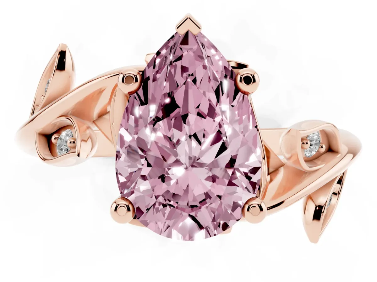 Fancy Pink Pear Cut Solitaire Twist Engagement Ring with Leaf Accents and Prong Setting Rose gold