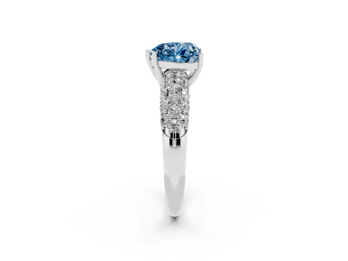 Fancy Blue Heart Cut Diamond Pavé Band Solitaire Ring with Four-Prong Setting Silver