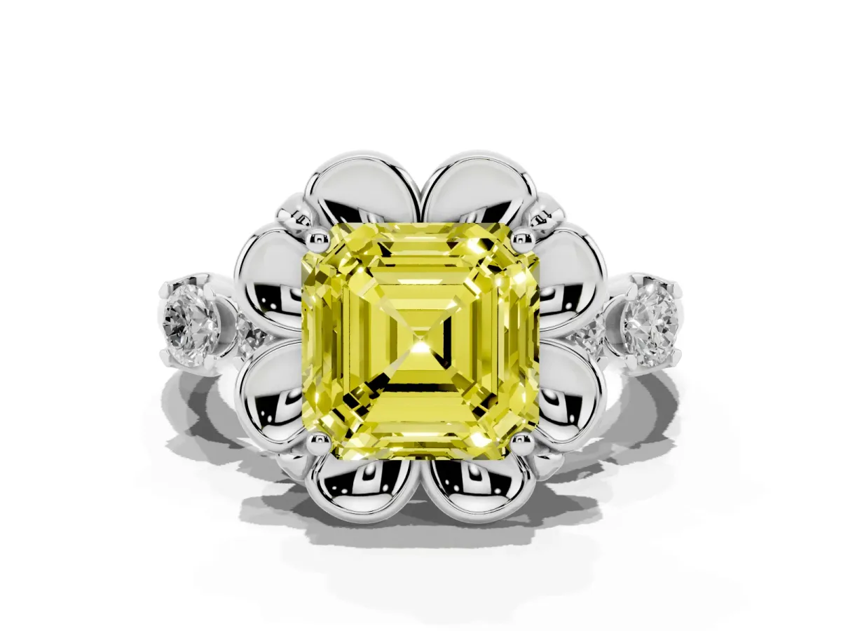 Fancy Yellow Asscher Cut Cut Diamond Floral Halo Engagement Ring with Shared Prong Setting Silver