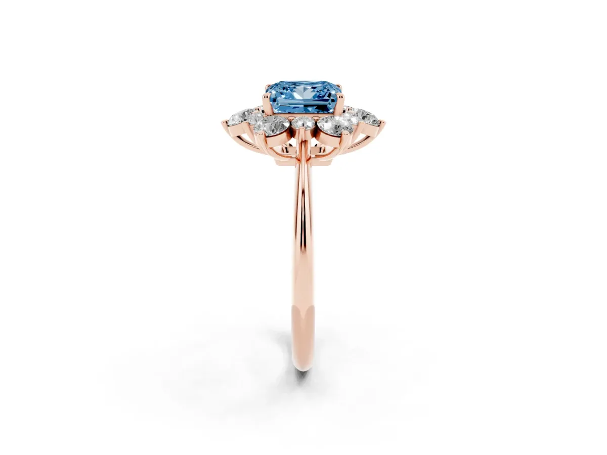 Fancy Blue Princess Cut Diamond Cluster Halo Ring with Solitaire Band and Four-Prong Setting Rose gold