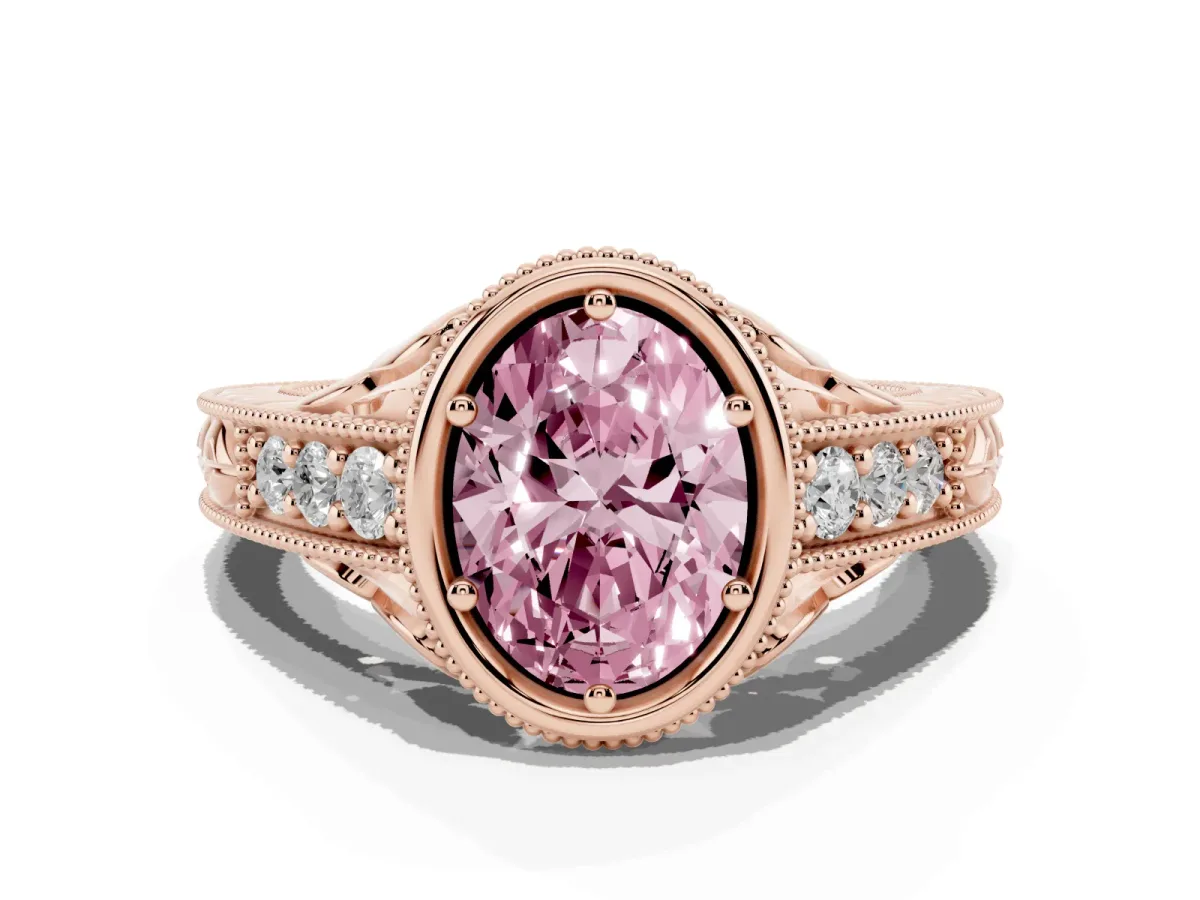 Fancy Pink Bezel Set Oval Cut Diamond Milgrain Pave Engagement Ring Rose gold