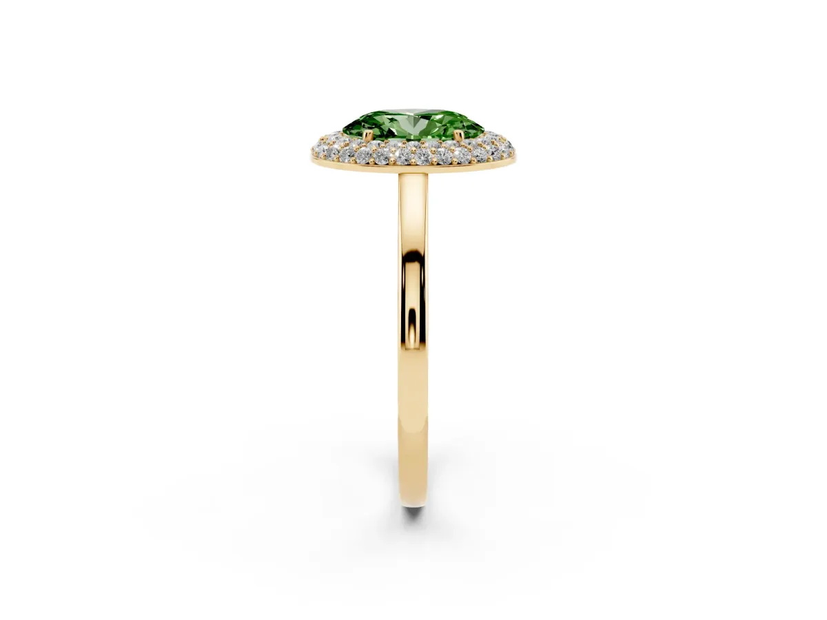Fancy Green Oval Cut Halo Diamond Engagement Ring with Solitaire Band and Four-Prong Setting Yellow gold