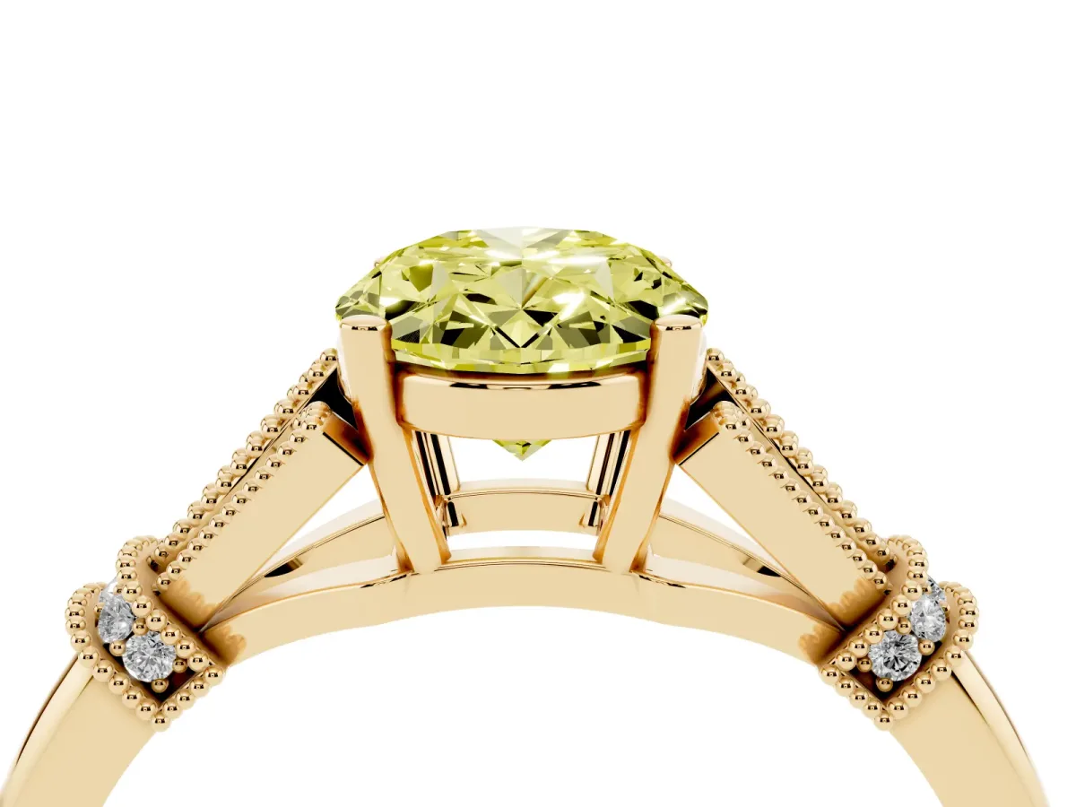 Fancy Yellow Oval Cut Diamond Solitaire Ring with Floral Filigree and Pave Accents Yellow gold
