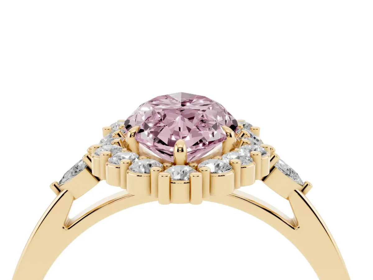 Fancy Pink Marquise Cut Diamond Halo Ring with Pear Side Stones and Prong Setting Yellow gold