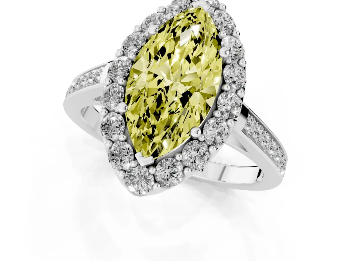 Fancy Yellow Marquise Cut Diamond Floral Halo Ring with Pavé Band and Prong Setting Platinum