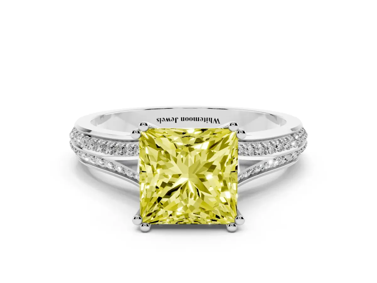 Fancy Yellow Princess Cut Diamond Split Shank Engagement Ring with Pavé Band Silver