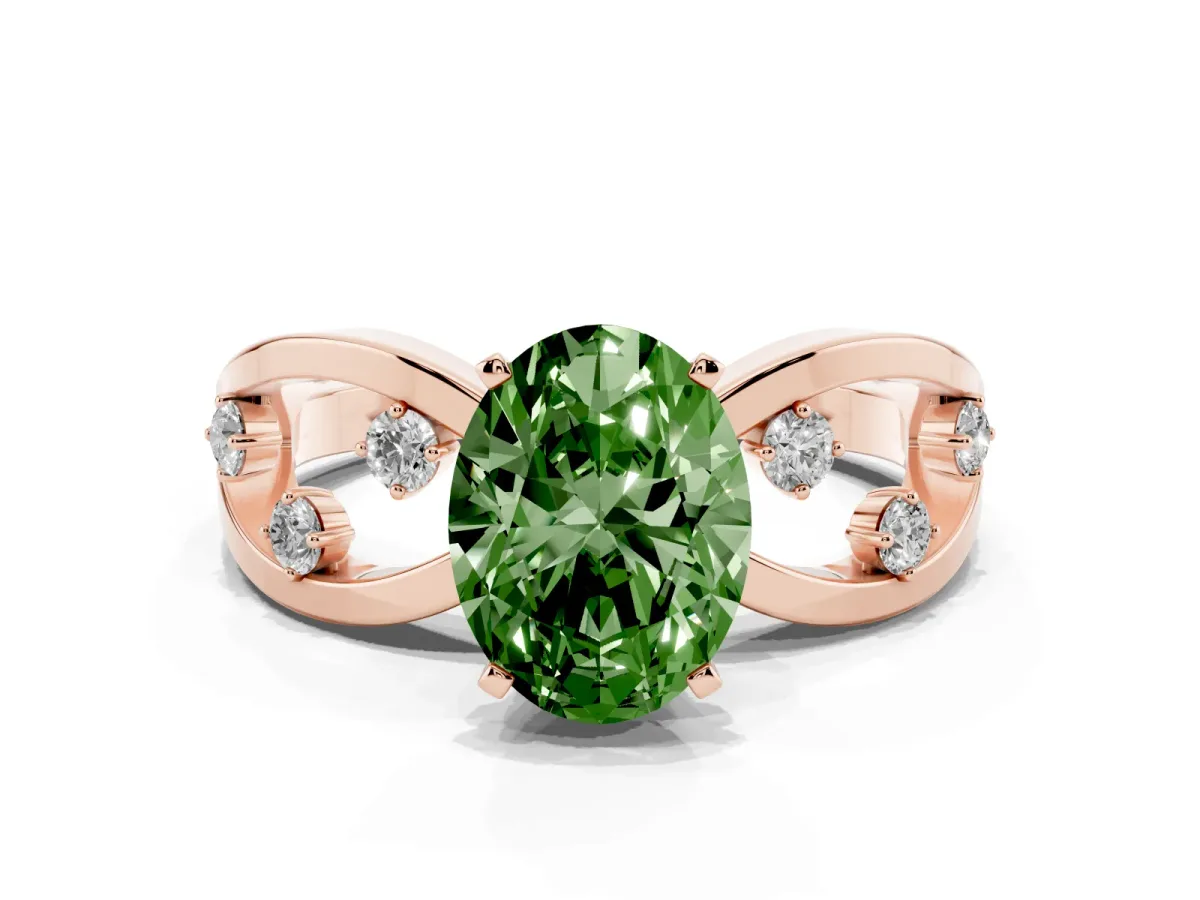 Fancy Green Oval Cut Cut Solitaire Diamond with Side Stones on Criss-Cross Band and Four-Prong Setting Rose gold