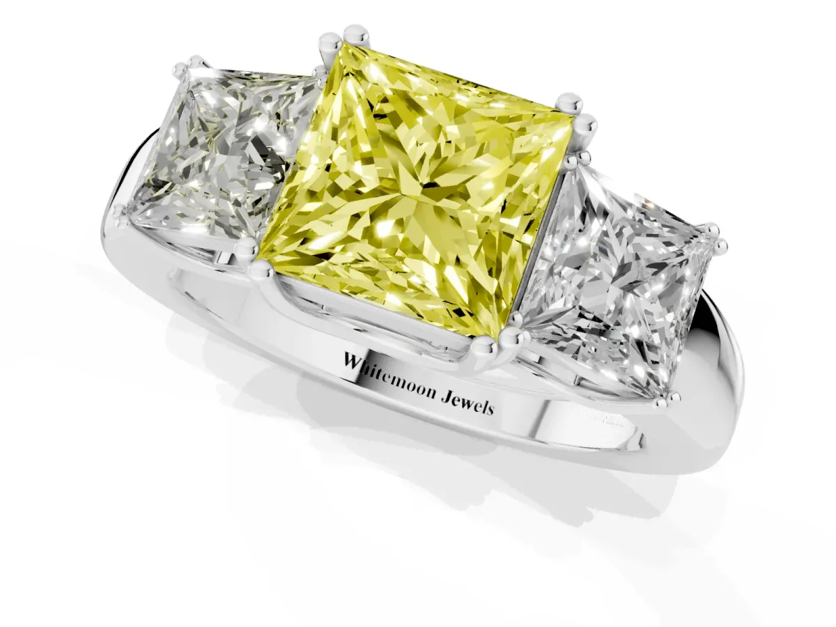 Fancy Yellow Three-Stone Princess Cut Cut Diamond Ring with Channel Set Band and Four-Prong Setting White gold