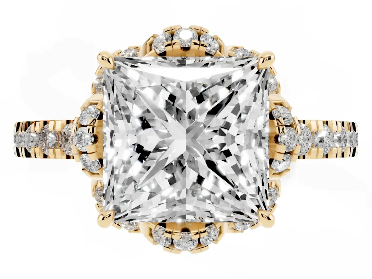 Princess Cut Diamond Halo Pave Band with Four-Prong Setting Yellow gold
