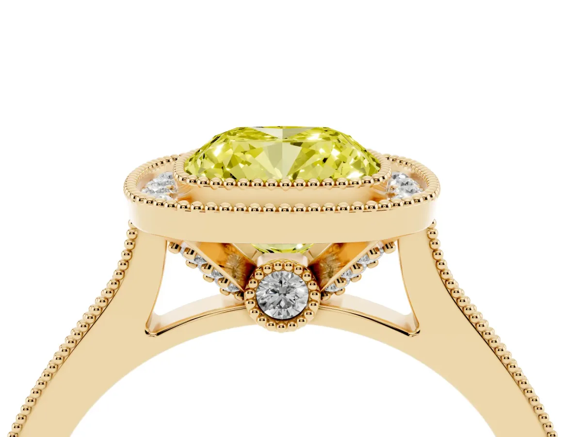 Fancy Yellow Halo Cushion Cut-Cut Diamond Pave Band Milgrain Prong Setting Ring Yellow gold