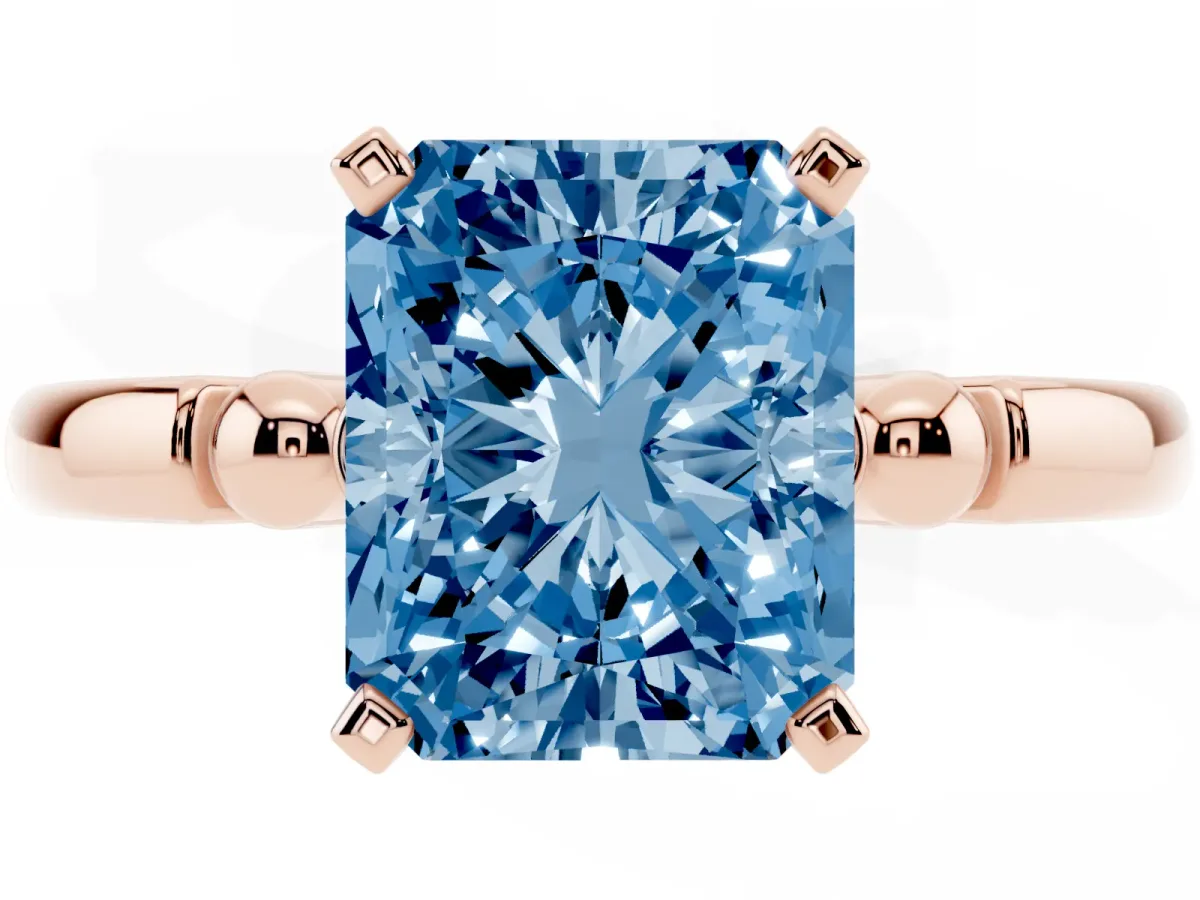 Fancy Blue Radiant Cut Solitaire Beaded Band with Four-Prong Setting Rose gold