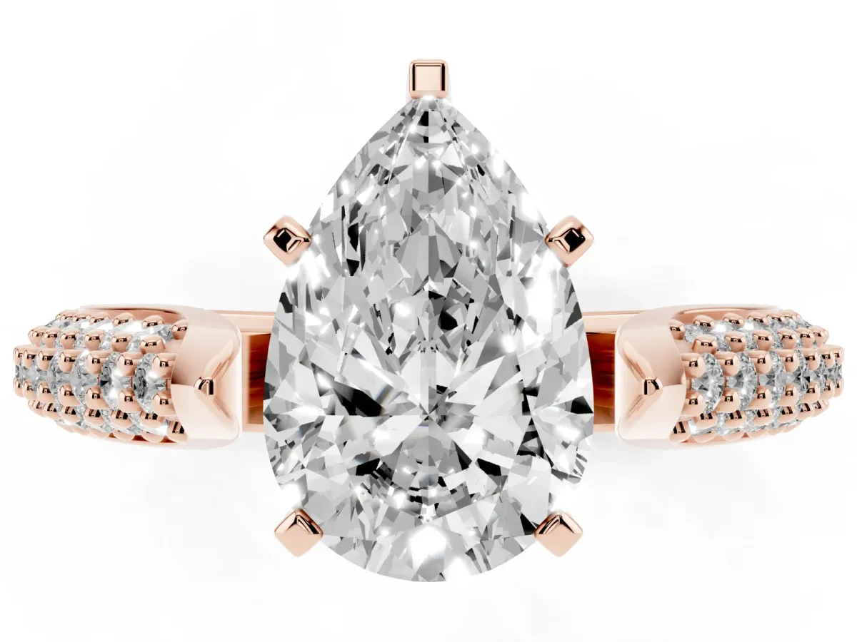 Pear Cut Diamond Solitaire Engagement Ring with Multi-Row Round Pavé Band and Prong Setting Rose gold