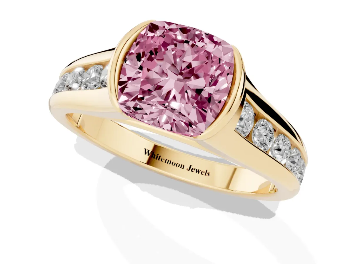 Fancy Pink Cushion Cut Solitaire Bezel-Set Diamond Ring with Channel-Set Band Yellow gold