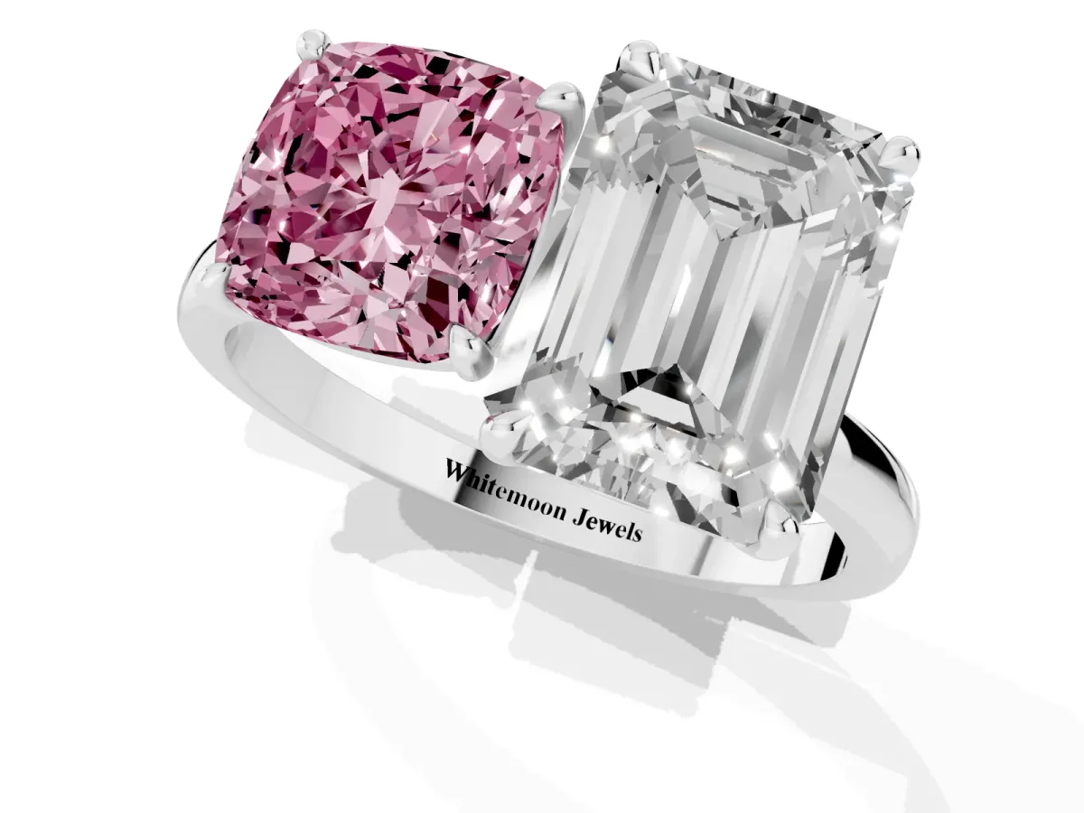 Fancy Pink Cushion Cut and Emerald Cut Toi Moi Ring with Prong Setting Silver