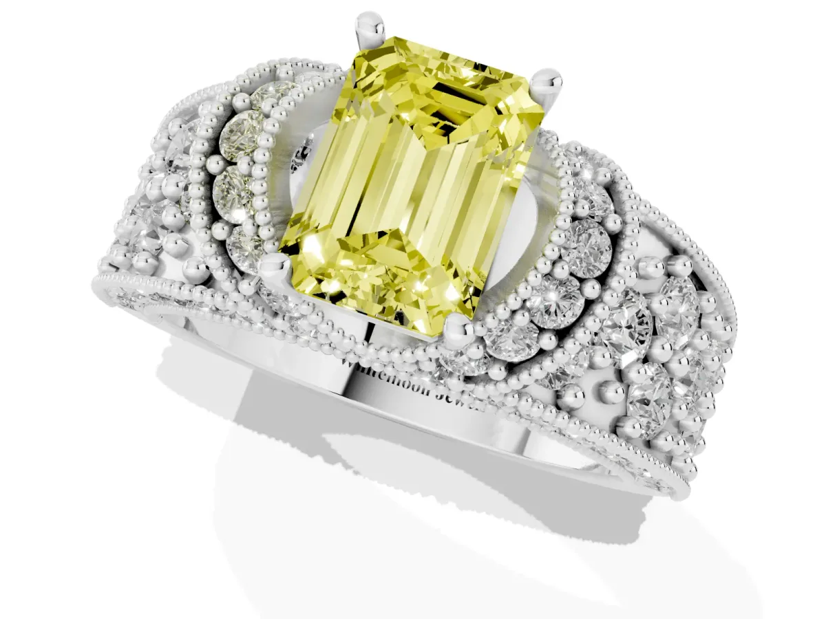 Fancy Yellow Emerald Cut Halo Pave Diamond Engagement Ring with Milgrain Detailing Silver