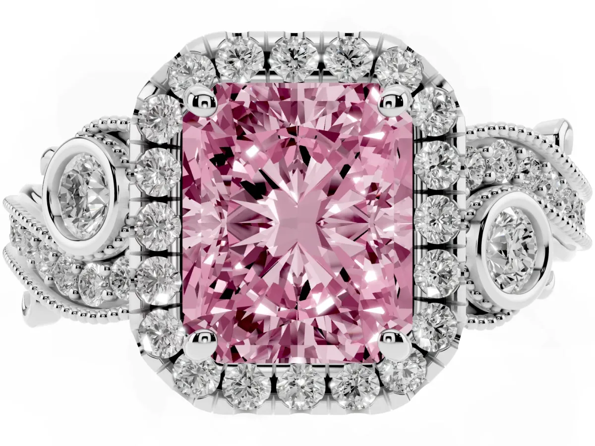 Fancy Pink Radiant Cut Halo Diamond Ring with Milgrain and Bezel Accents on a Split Shank Band Platinum