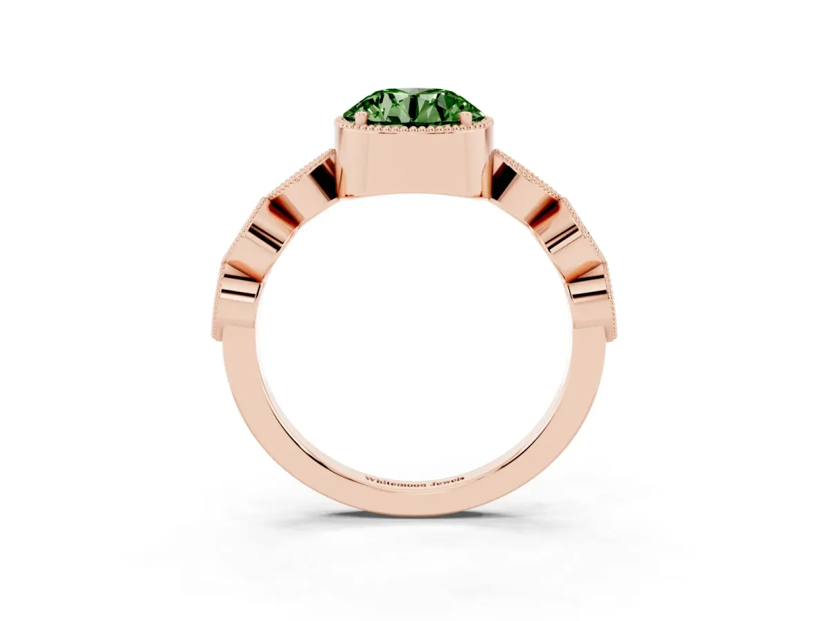 Fancy Green Round Cut Diamond Vintage Milgrain Ring with Round Stations Rose gold