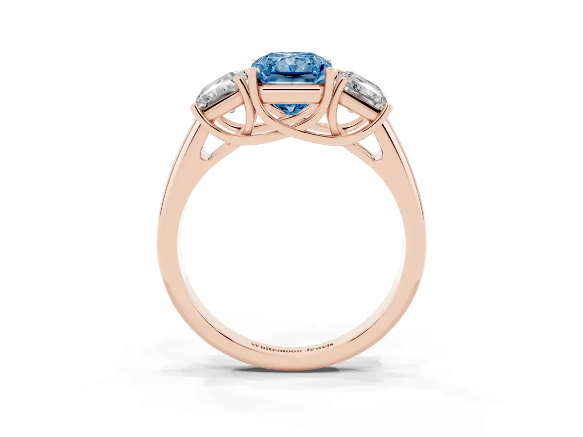 Fancy Blue Three-Stone Radiant Cut Diamond Engagement Ring with Prong Setting Rose gold
