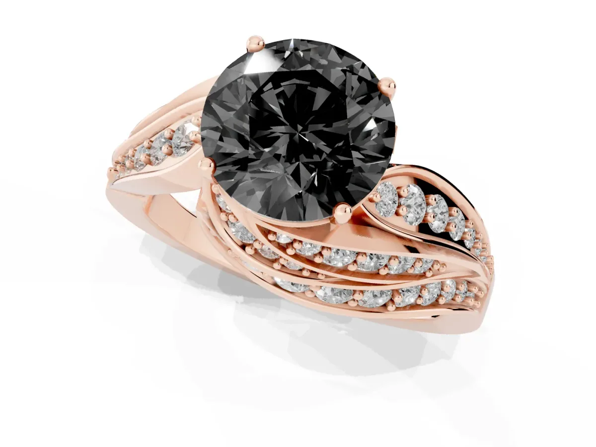 Fancy Black Round Cut Diamond Solitaire Ring with Prong Setting and Twisted Pavé Band Rose gold
