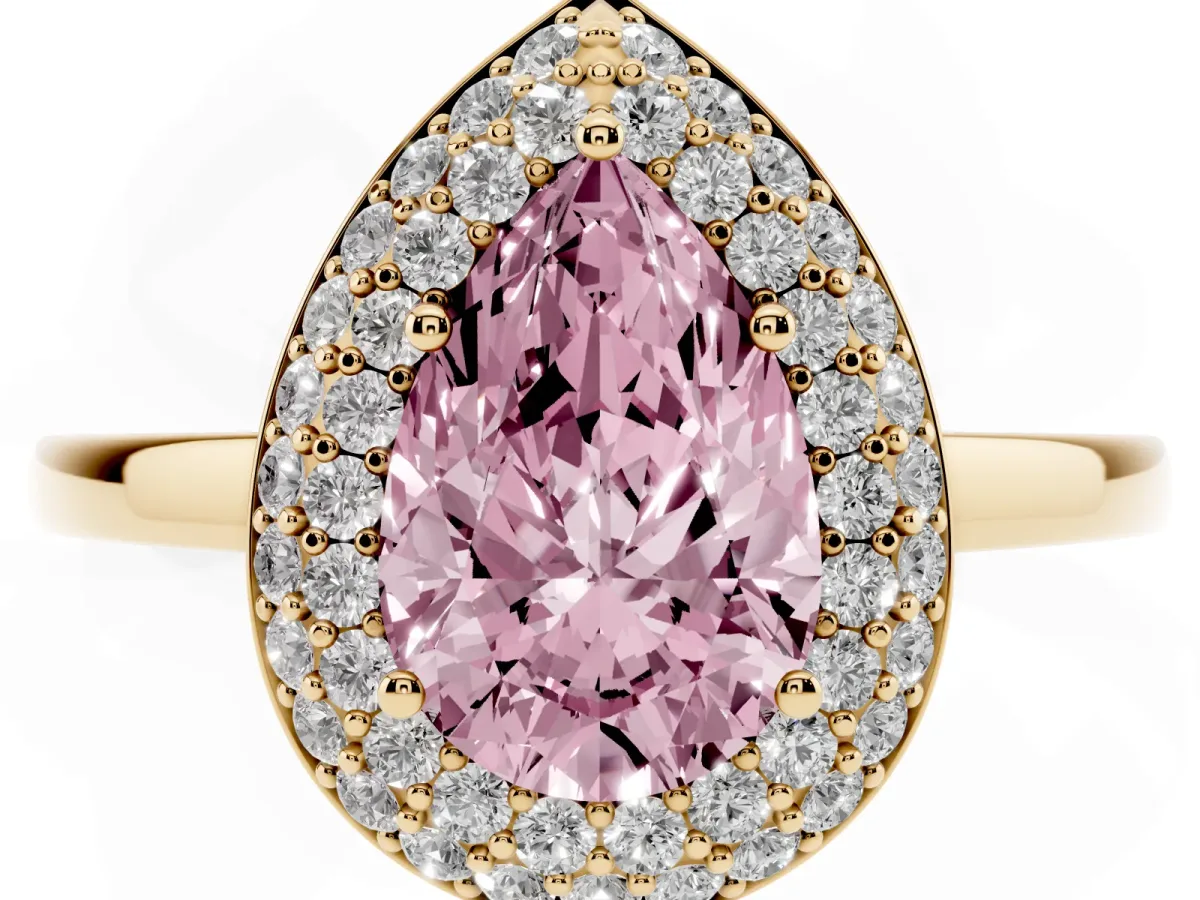 Fancy Pink Pear Cut Halo Diamond Engagement Ring with Solitaire Band and Four-Prong Setting Yellow gold