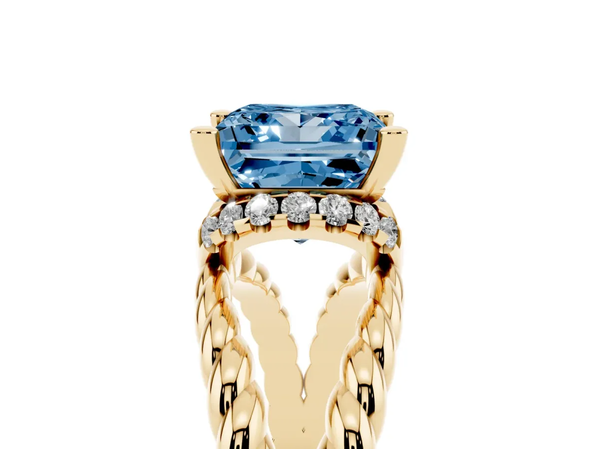 Fancy Blue Princess Cut Halo Twisted Band Four-Prong Ring Yellow gold