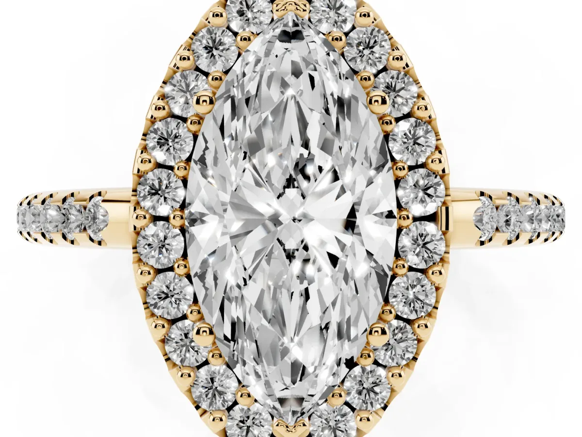 Marquise Cut Diamond Pavé Halo Ring with Four-Prong Setting Yellow gold