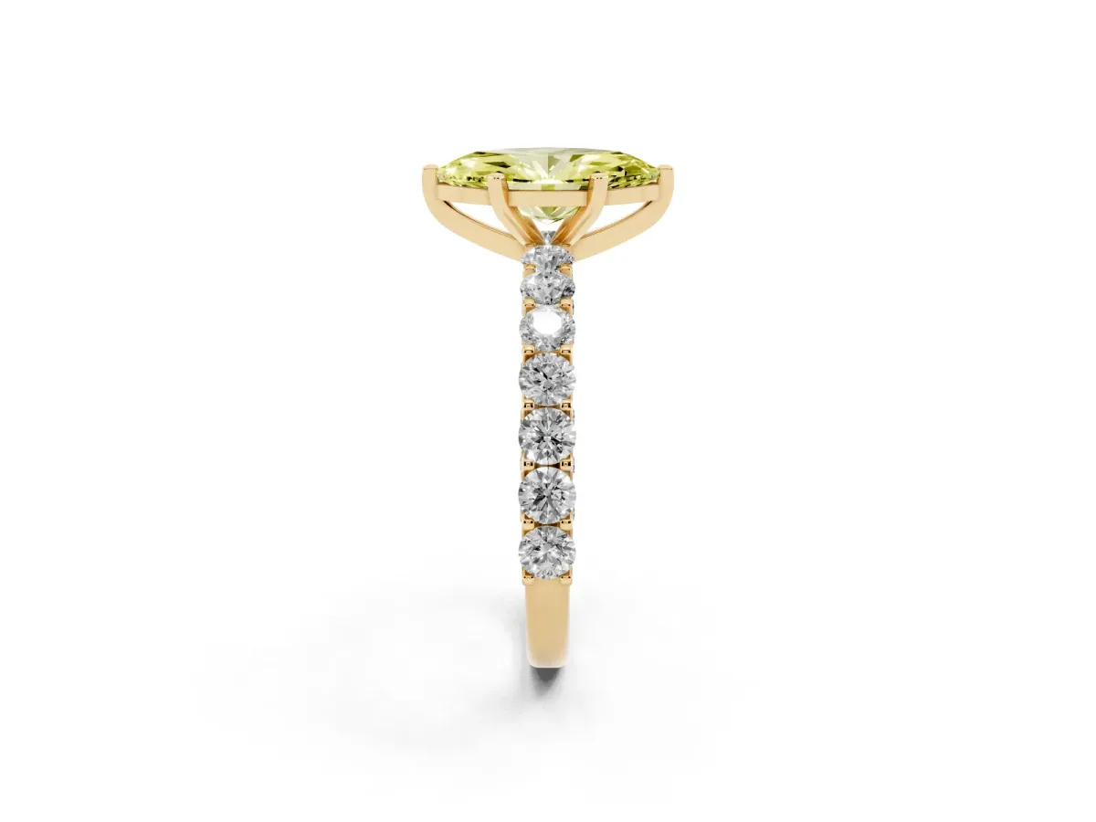 Fancy Yellow Marquise Cut Diamond Solitaire Ring with Shared Prong Pavé Band and Four-Prong Setting Yellow gold