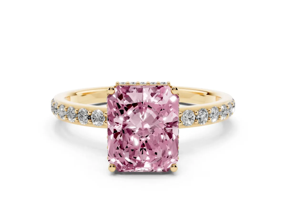 Fancy Pink Radiant Cut Diamond Solitaire Ring with Pavé Band and Hidden Halo Yellow gold