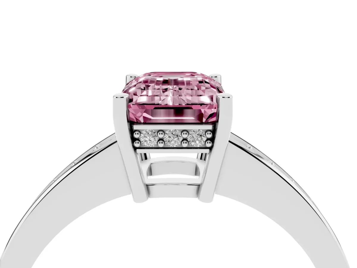 Fancy Pink Emerald Cut Solitaire Pavé Band Prong Setting Ring Silver