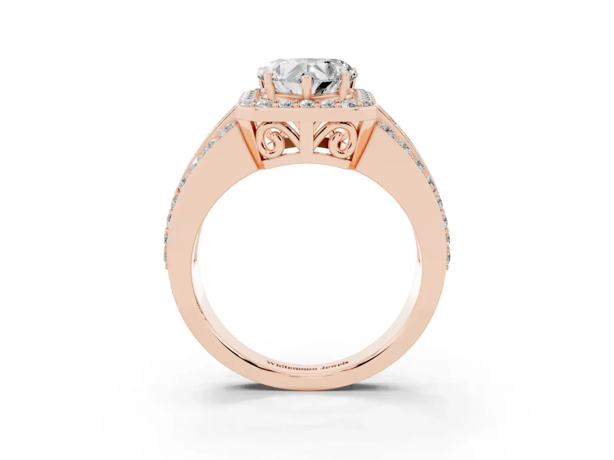 Heart Cut Halo Diamond Ring with Round Split Shank and Prong Setting Rose gold