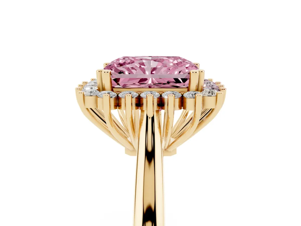 Fancy Pink Radiant Cut Cut Diamond Halo Ring with Solitaire Band and Prong Setting Yellow gold