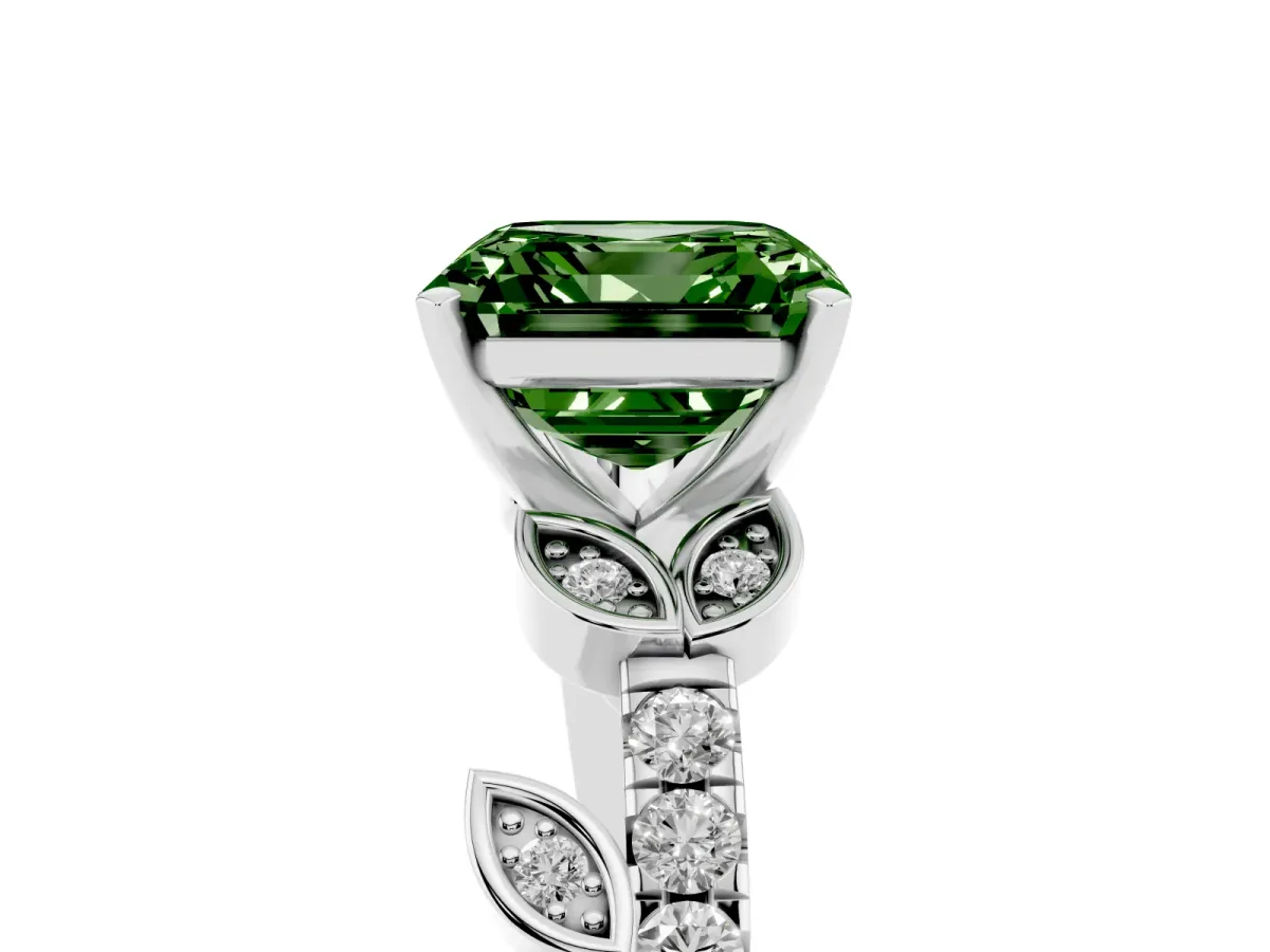 Fancy Green Asscher Cut Solitaire Leaf-Inspired Diamond Ring with Pavé Band and Four-Prong Setting Silver