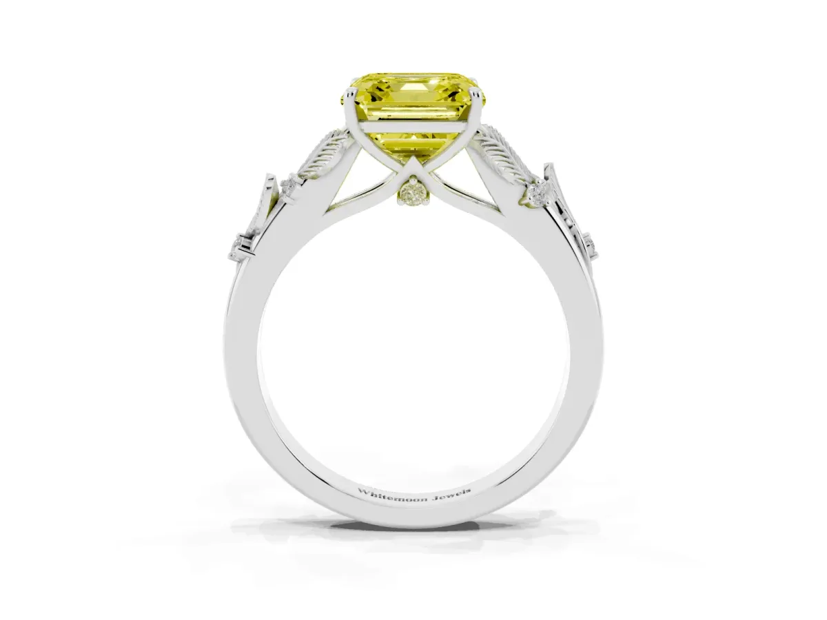 Fancy Yellow Asscher Cut Diamond Solitaire Ring with Leaf Motif Band and Four-Prong Setting Silver
