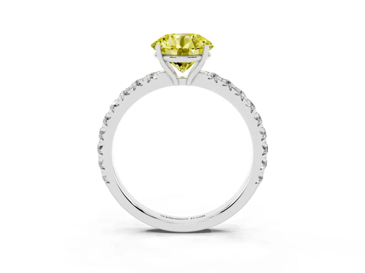 Fancy Yellow Round Cut Diamond Pavé Solitaire Engagement Ring with Four-Prong Setting Platinum