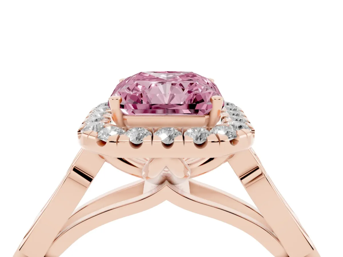 Fancy Pink Radiant Cut Halo Diamond Engagement Ring with Filigree Band and Four-Prong Setting Rose gold