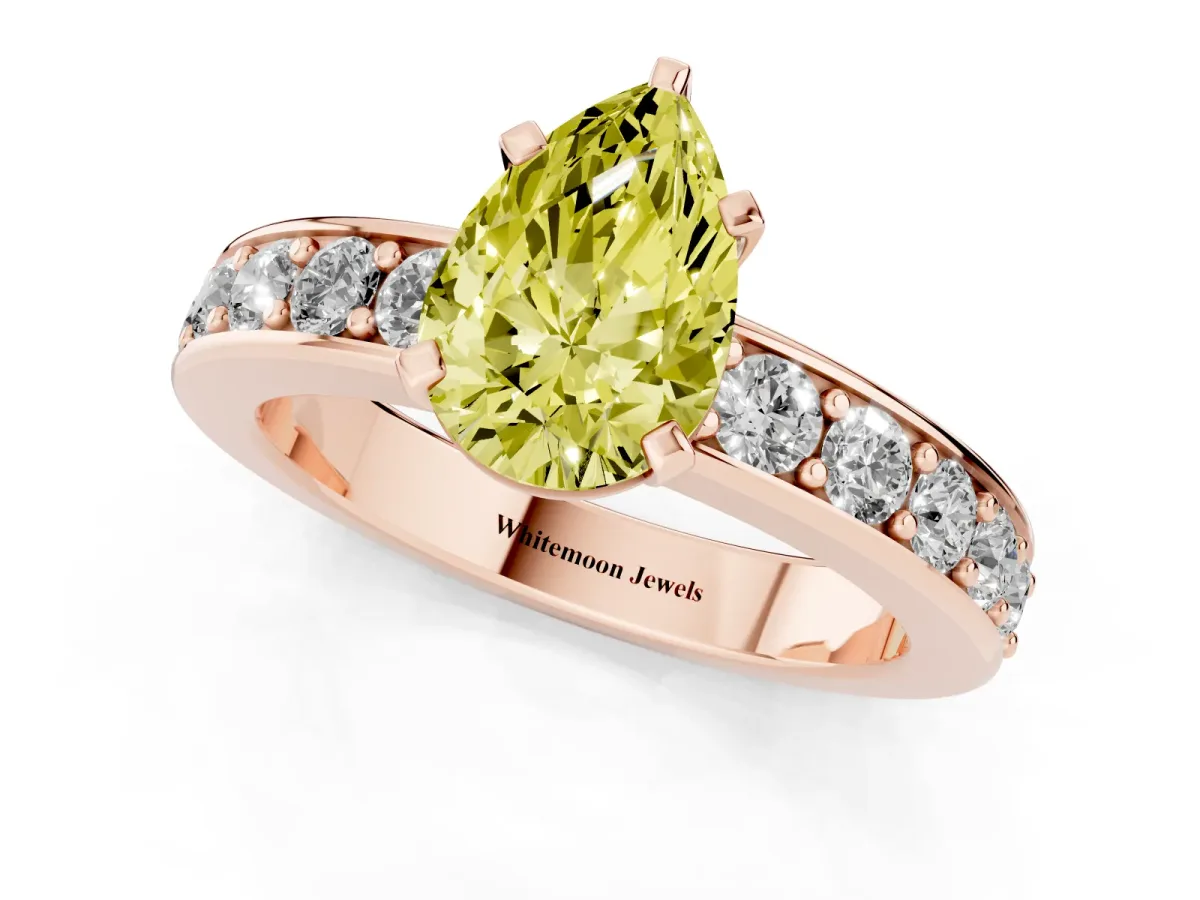 Fancy Yellow Pear Cut Diamond Engagement Ring with Channel Set Round Band and Prong Setting Rose gold
