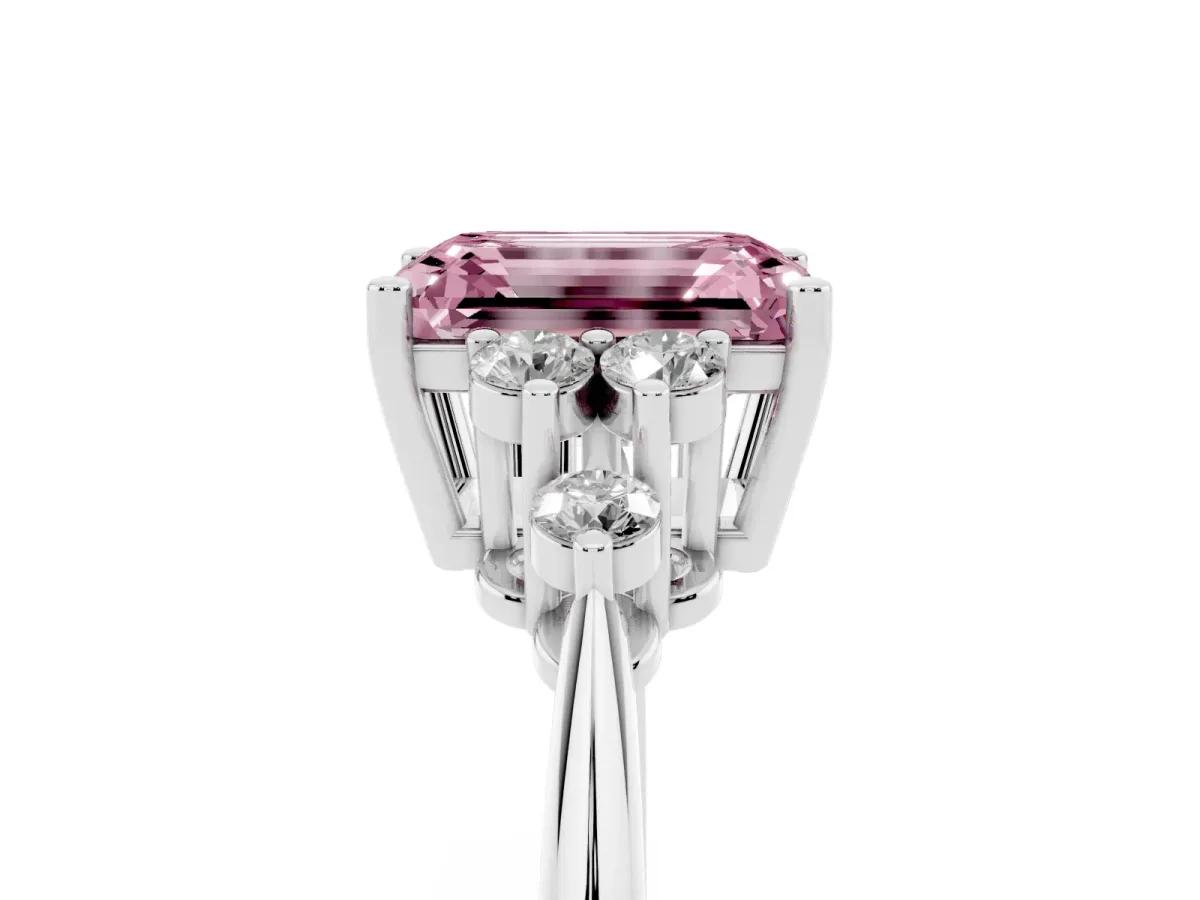 Fancy Pink Emerald Cut Cut Diamond Cluster Ring with Solitaire Band and Four-Prong Setting Silver