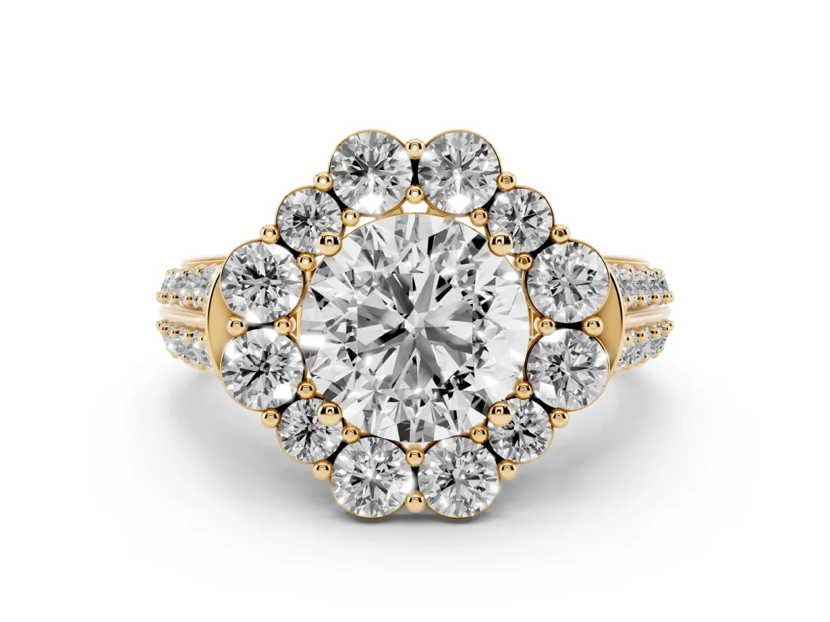 Round Cut Halo Diamond Engagement Ring with Split Shank and Prong Setting Yellow gold