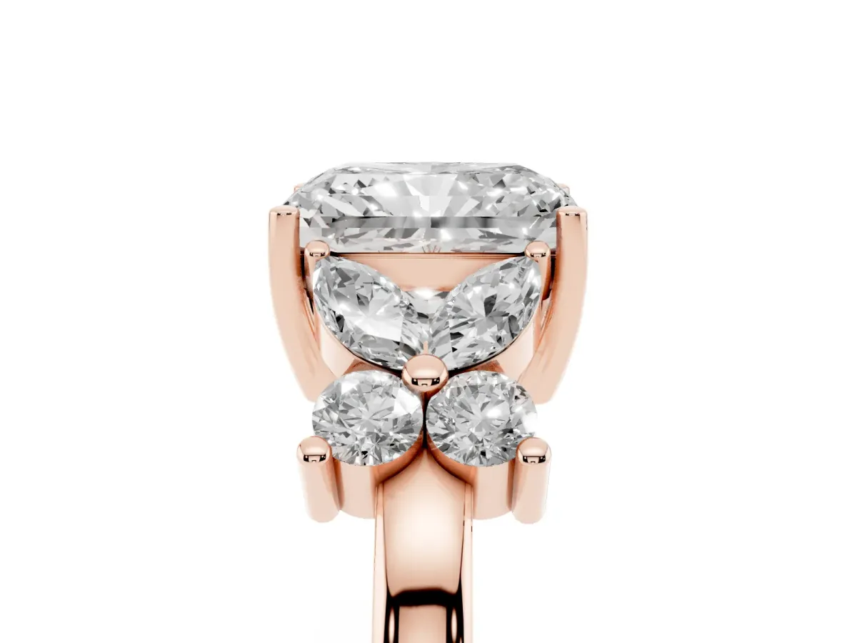 Radiant Cut Diamond Floral Cluster Ring with Solitaire Band and Prong Setting Rose gold