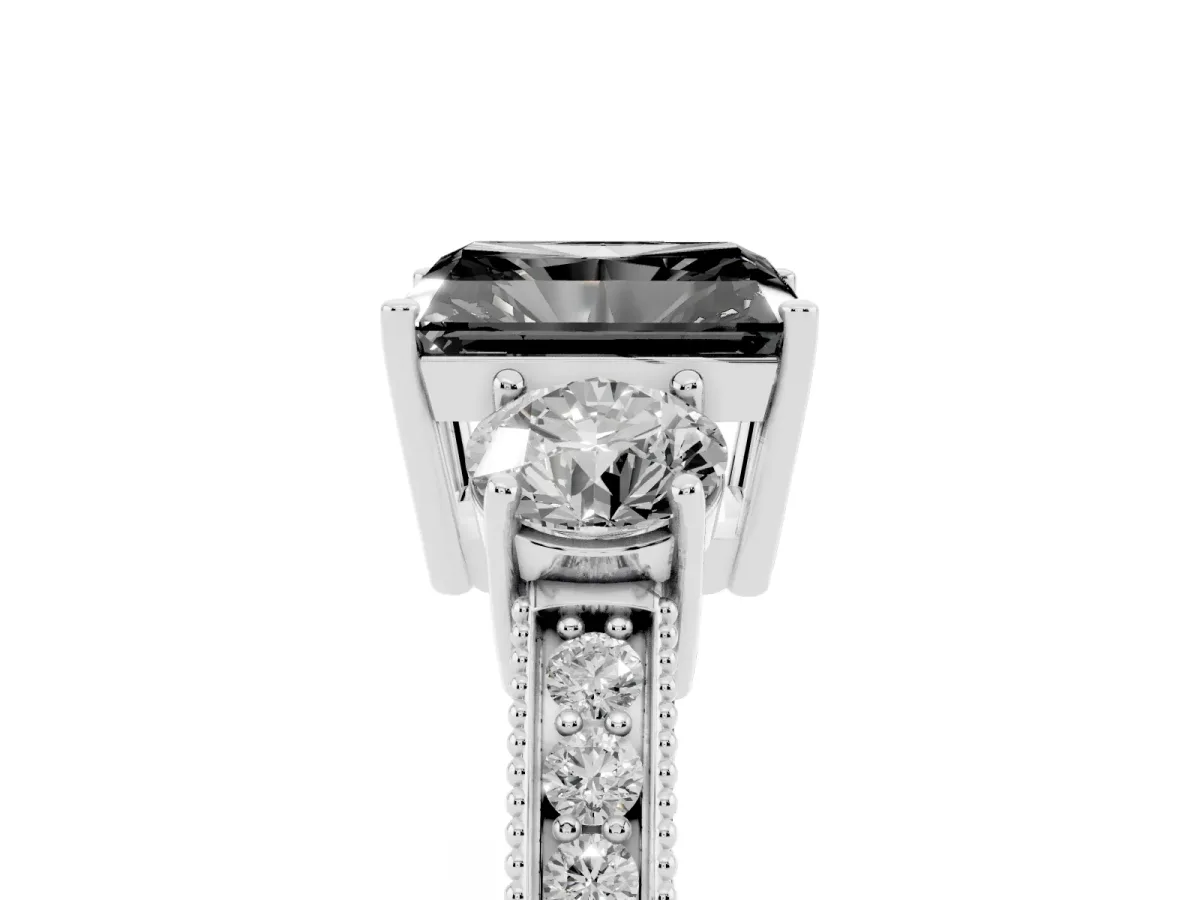 Fancy Black Radiant Cut Three-Stone Diamond Ring with Pavé Band and Four-Prong Setting Silver