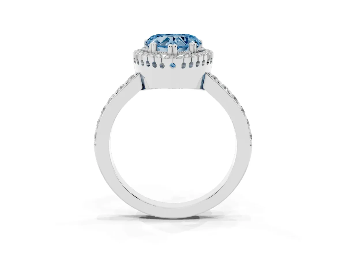Fancy Blue Heart Cut Cut Diamond Halo Engagement Ring with Milgrain Detail and Pavé Band Platinum