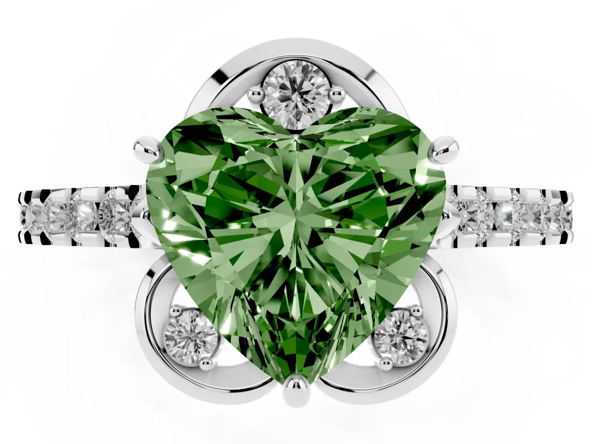 Fancy Green Heart Cut Diamond Ring with Pavé Band and Floral Prong Setting Platinum